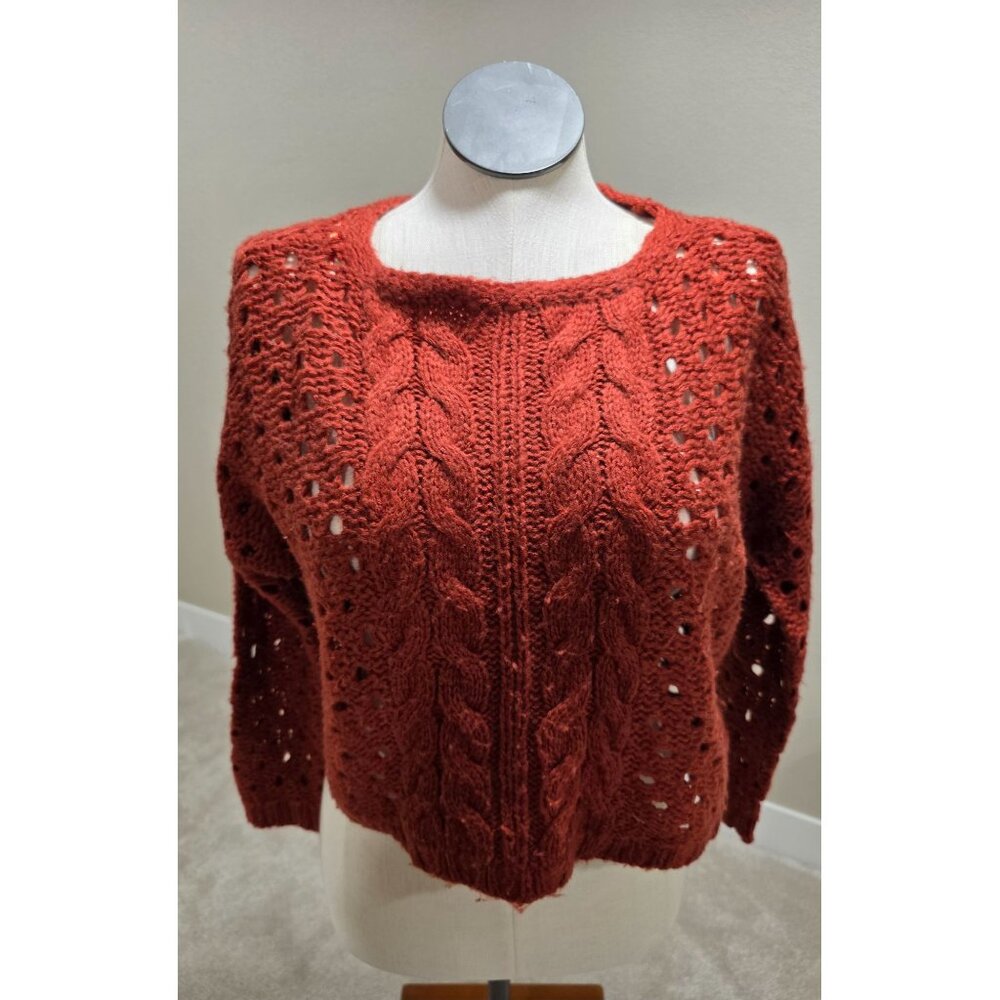 Rust Red Cable Knit Openwork Sweater Womens Size M RD Style 114g Lightweight Acr